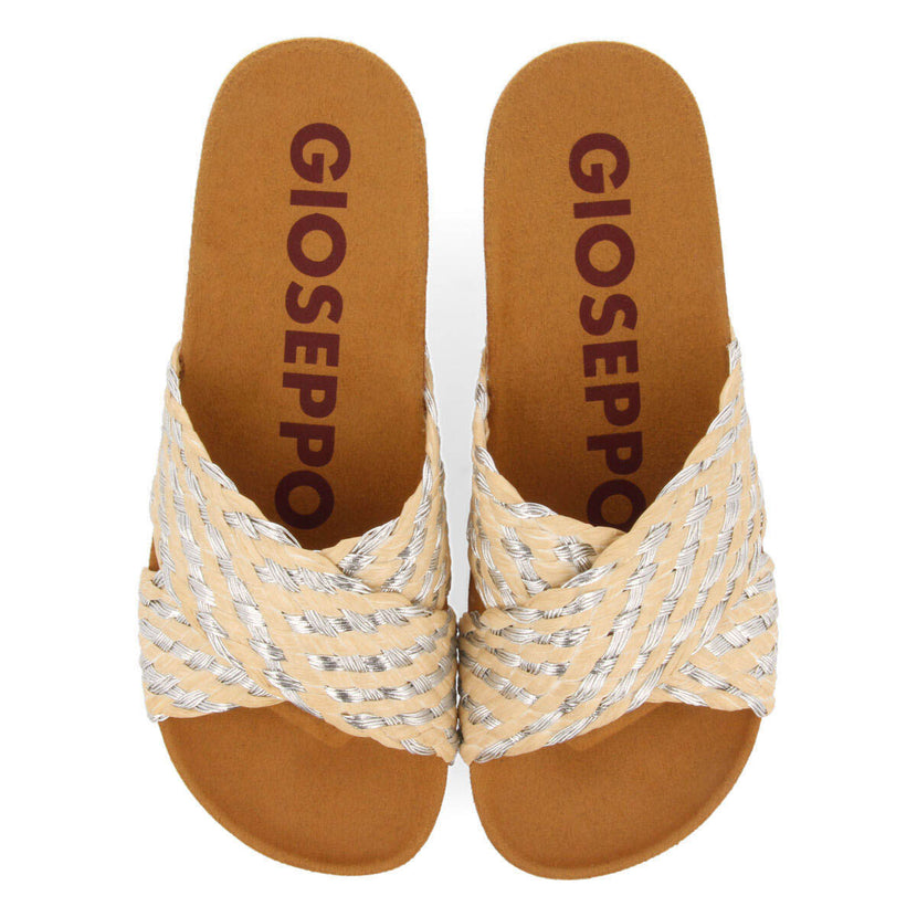 Bandrele women's footbed sandals with raffia and silver straps