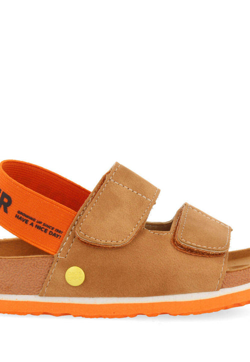 Courgis boys tan footbed sandals with orange details and text