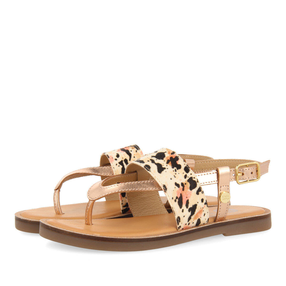 Sardoa girls rose gold leather and animalrint sandals