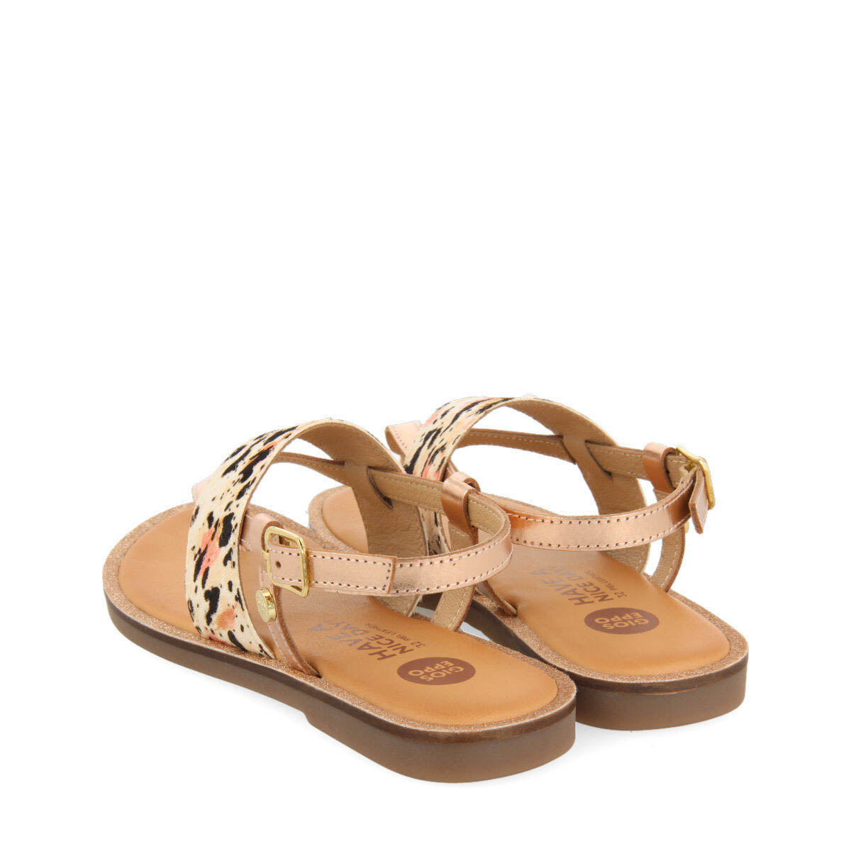Sardoa girls rose gold leather and animalrint sandals
