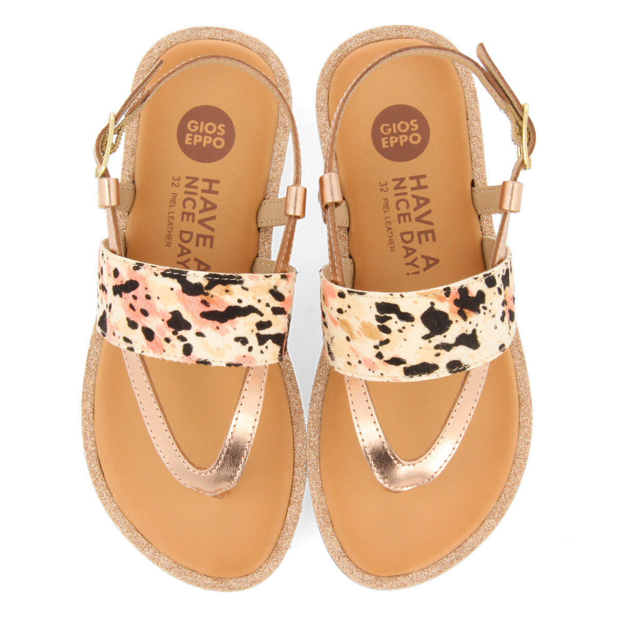 Sardoa girls rose gold leather and animalrint sandals