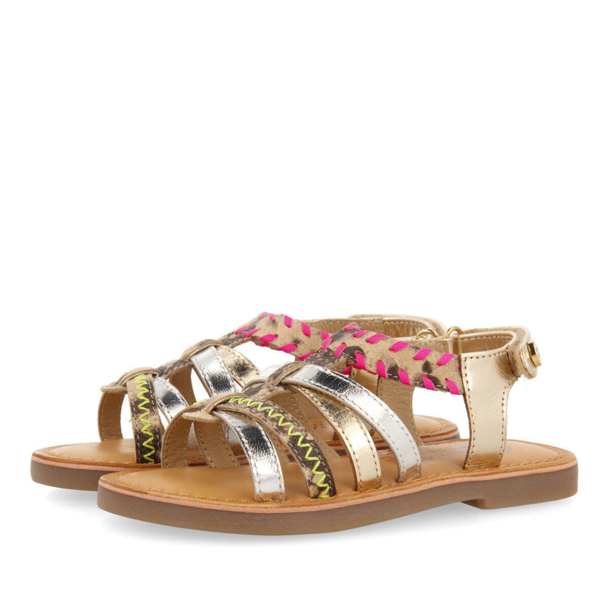 Sandalias de piel multicolor con flúor y animal print para niña benowa
