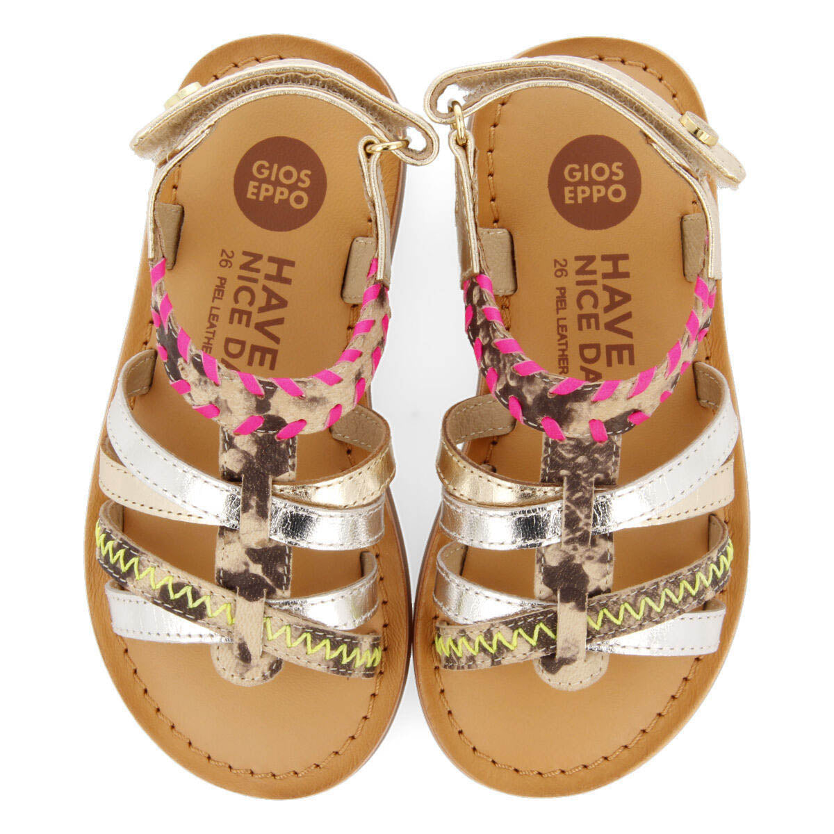 Sandalias de piel multicolor con flúor y animal print para niña benowa