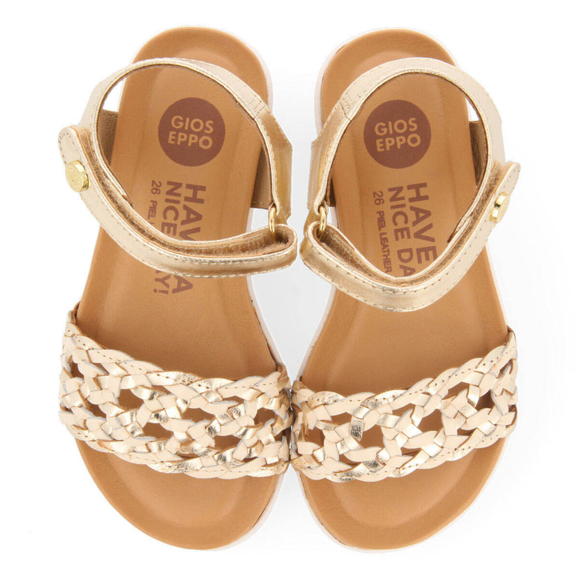 Sandali in pelle color oro con tomaia con intreccio da bambina claudon