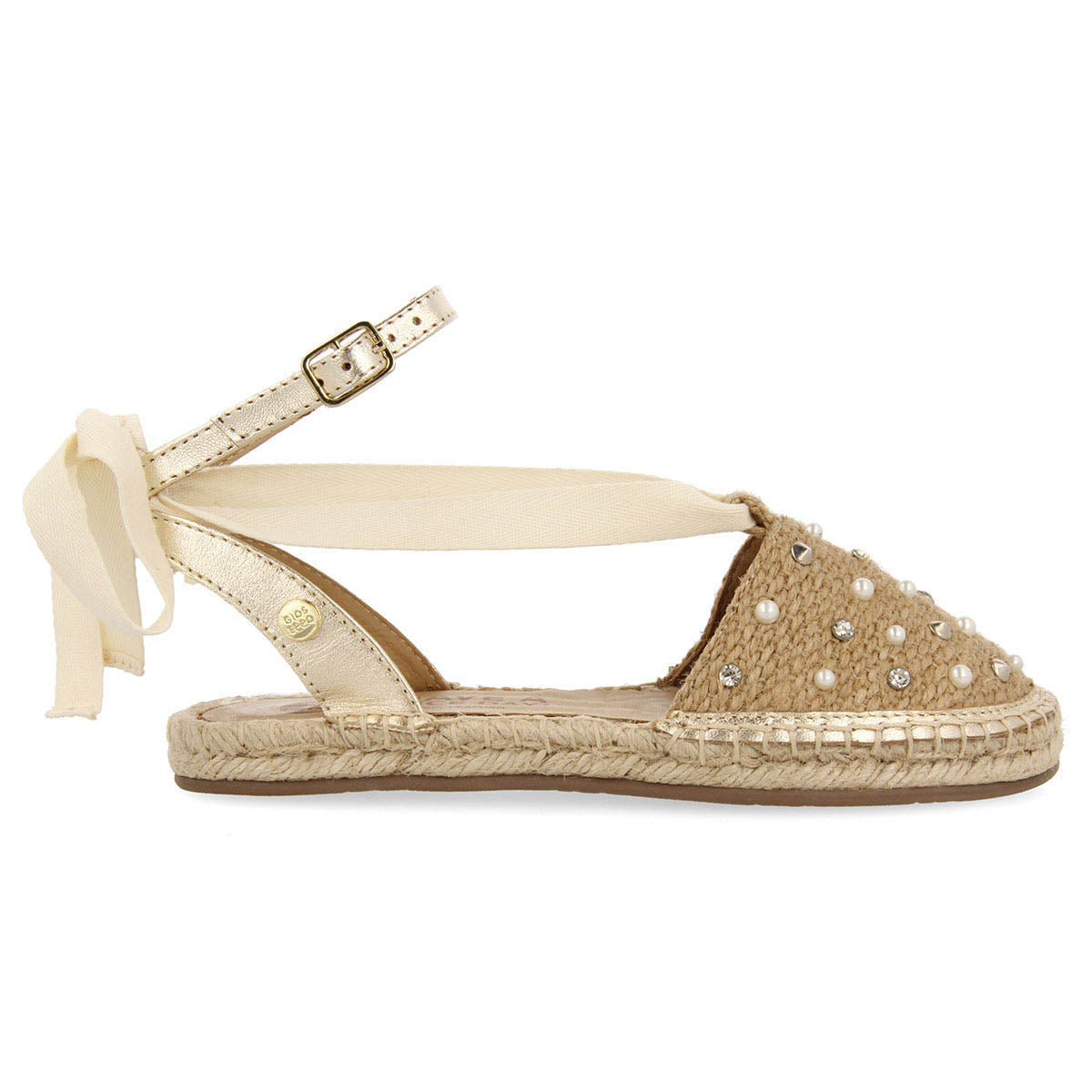 Aisey girls rose gold espadrilles with jute,earls and studs