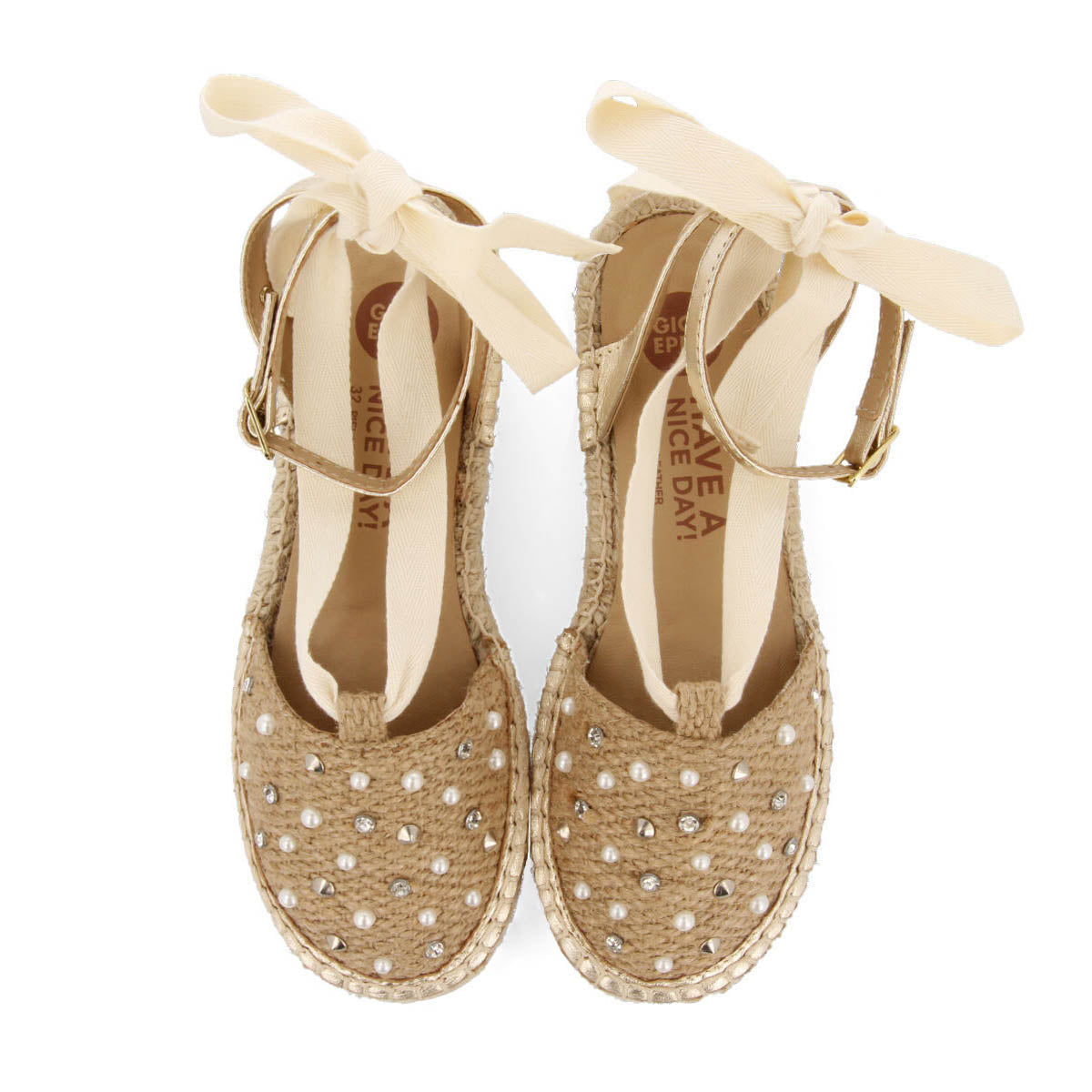 Aisey girls rose gold espadrilles with jute,earls and studs
