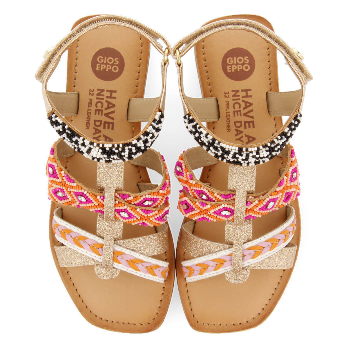 Charonne girls leather sandals with multicoloured geometric details and glitter