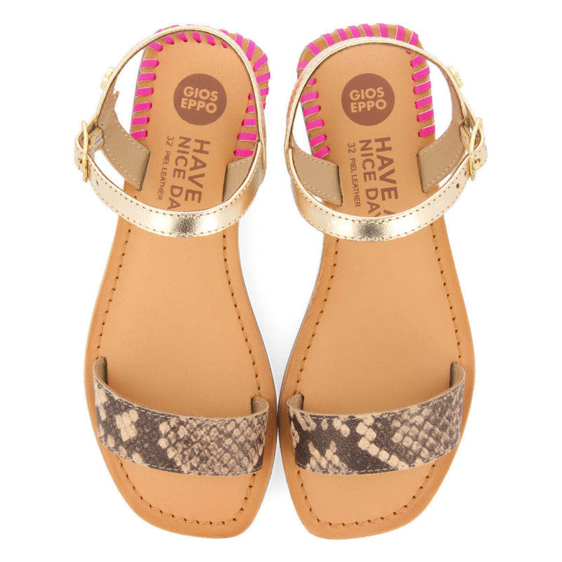 Damblain girls leather sandals with neon fuchsia details