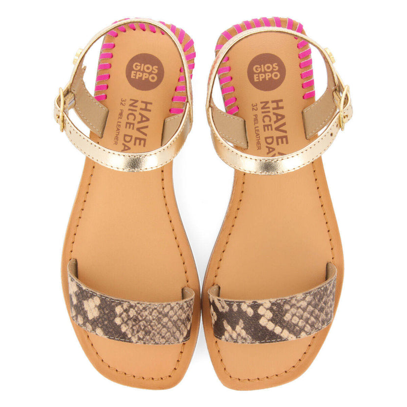 Damblain girls leather sandals with neon fuchsia details