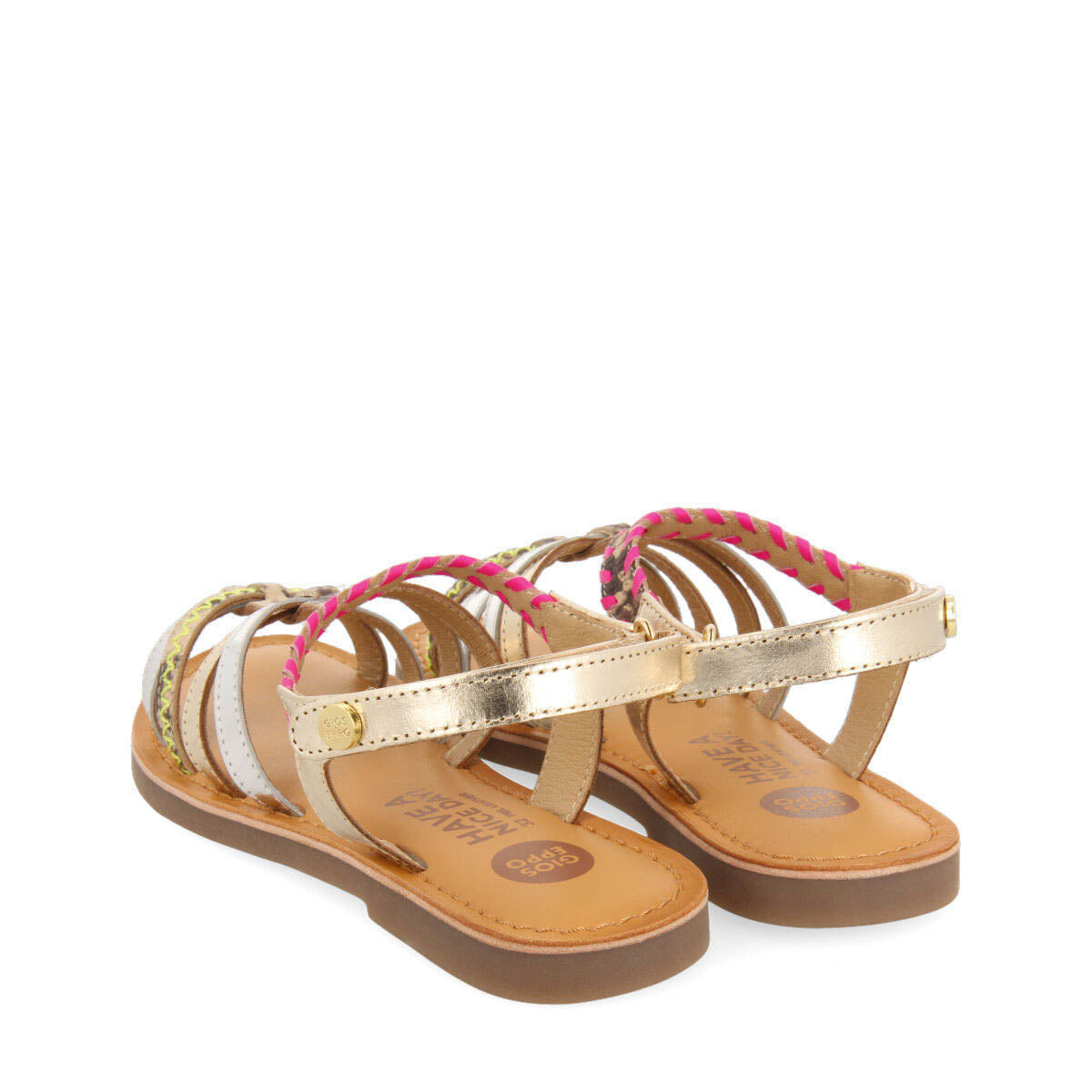 Denpasar girls leather sandals with neon accents and animalrint