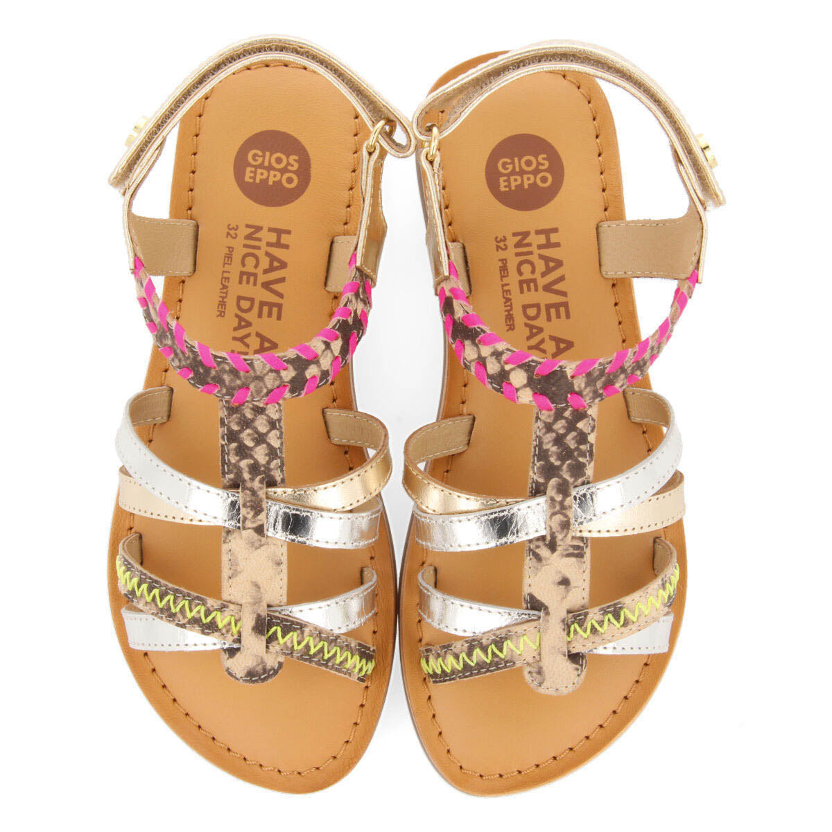Denpasar girls leather sandals with neon accents and animalrint