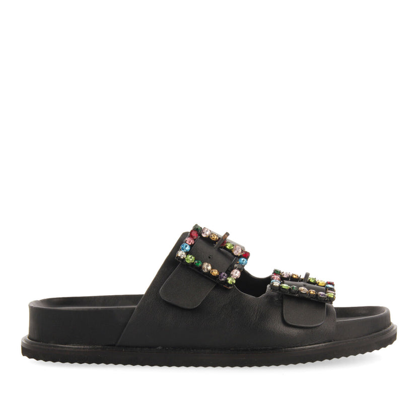 Koronadal women's black footbed sandals with multicoloured crystal buckles
