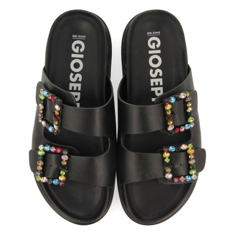 KORONADAL WOMEN'S BLACK FOOTBED SANDALS WITH MULTICOLOURED CRYSTAL BUCKLES