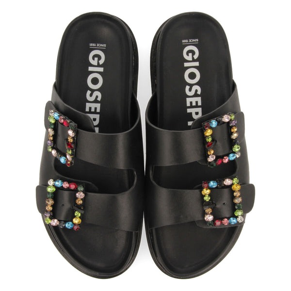 Sandalias negras tipo bio con hebillas con cristales multicolor para mujer koronadal 