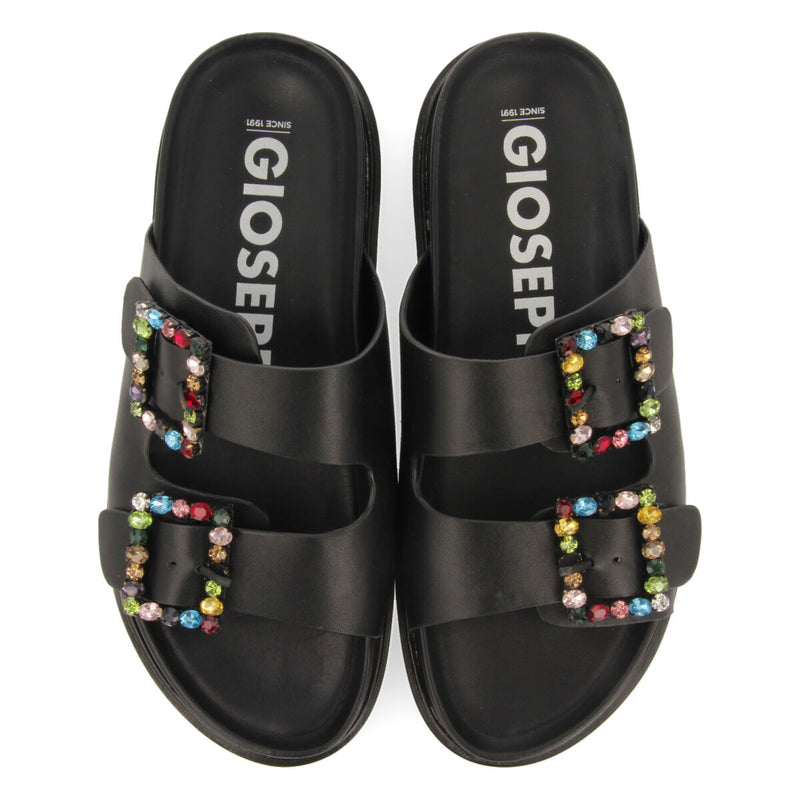 Sandalias negras tipo bio con hebillas con cristales multicolor para mujer koronadal 