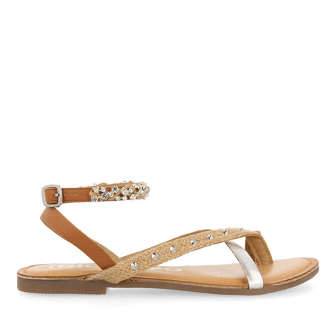 LHUINS WOMEN'S FLAT SANDALS WITH STONES AND LEATHER AND JUTE STRAPS