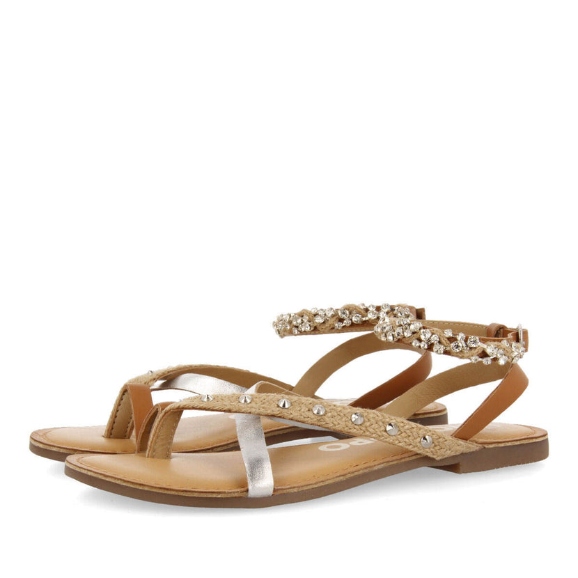 Lhuins women's flat sandals with stones and leather and jute straps