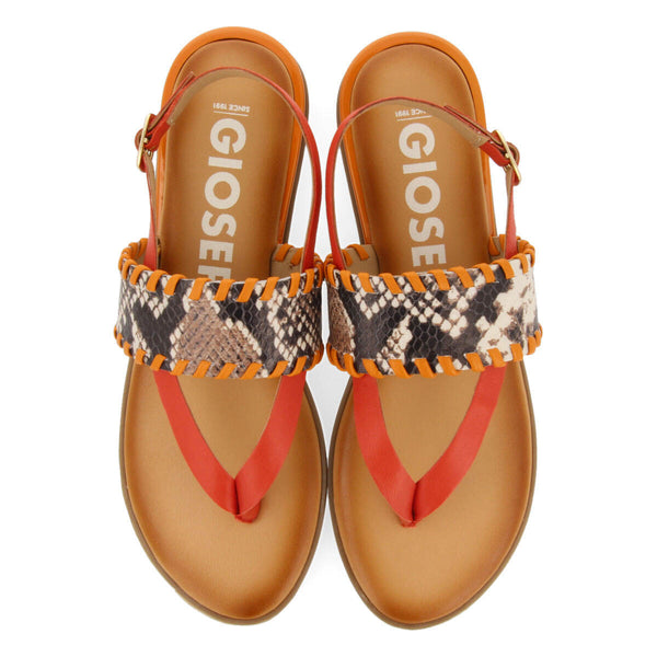 Mergey women's orange sandals with snakeskin print