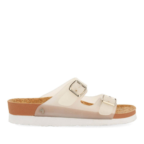 ACALACA WOMEN'S SEE-THROUGH WHITE FOOTBED SANDALS WITH BUCKLES