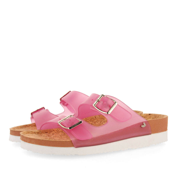 Acalaca women's see-through fuchsia footbed sandals with buckles
