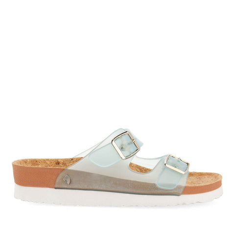 ACALACA WOMEN'S SEE-THROUGH TURQUOISE FOOTBED SANDALS WITH BUCKLES