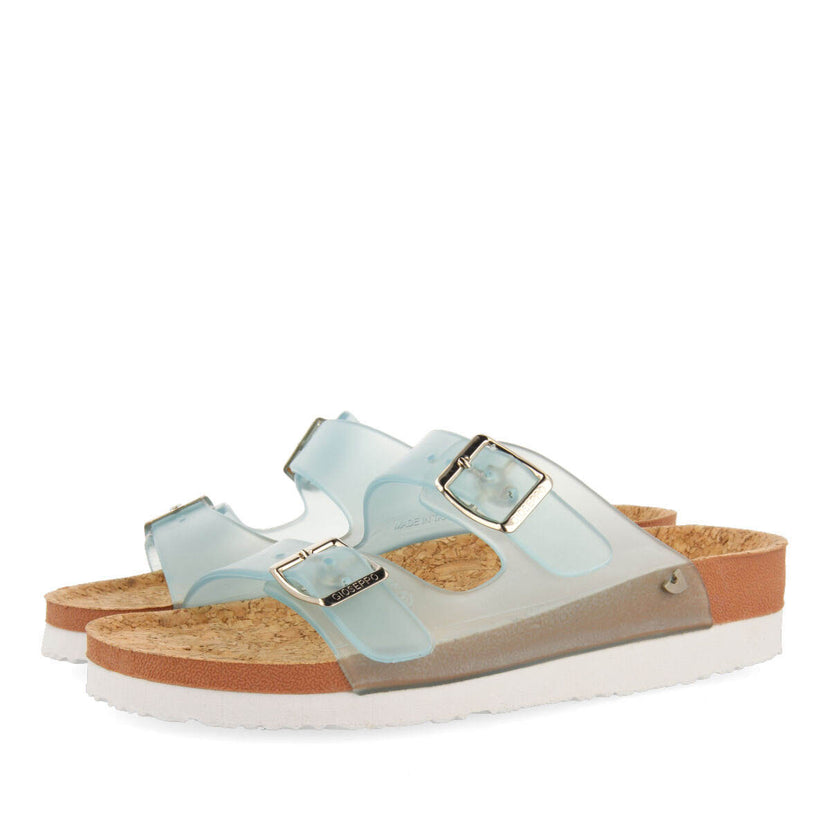 Acalaca women's see-through turquoise footbed sandals with buckles