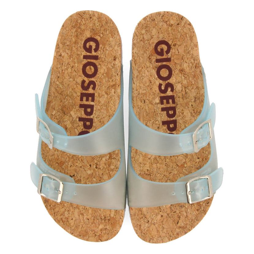 Acalaca women's see-through turquoise footbed sandals with buckles