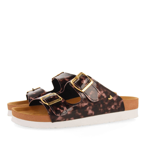 Jayapura women's pink and black tortoiseshell footbed sandals with buckles