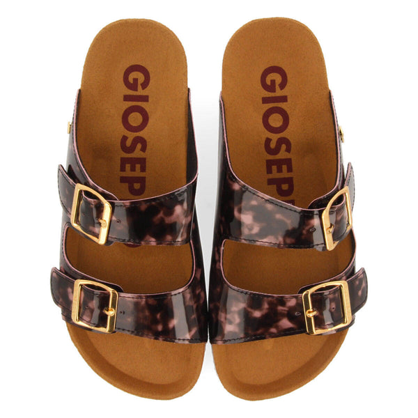 Jayapura women's pink and black tortoiseshell footbed sandals with buckles