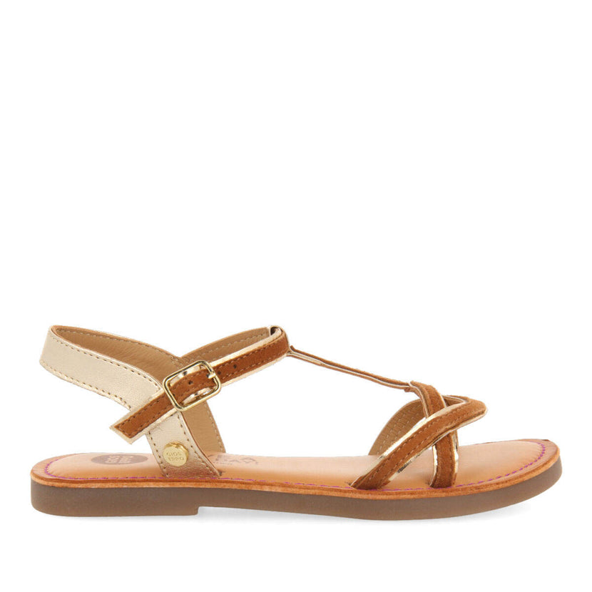 Cleurie girls tan sandals with metalliciping