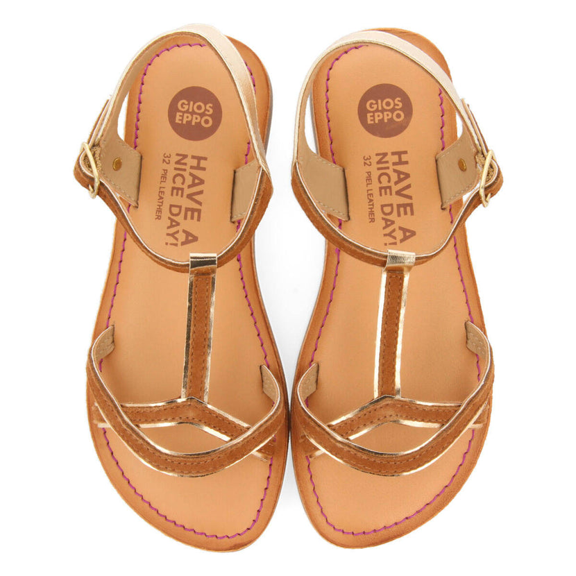 Cleurie girls tan sandals with metalliciping