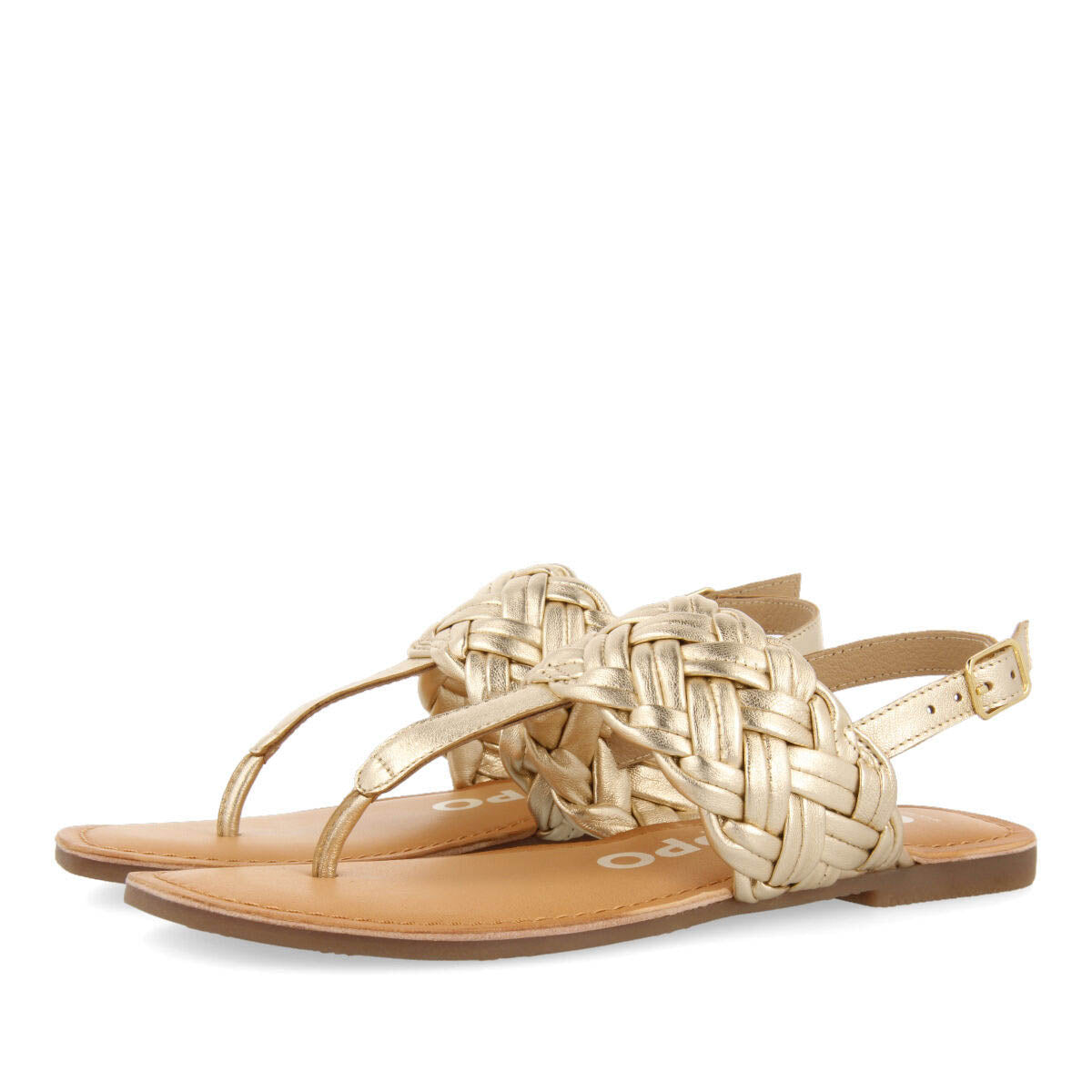 Sergines women's flat gold braided leather sandals