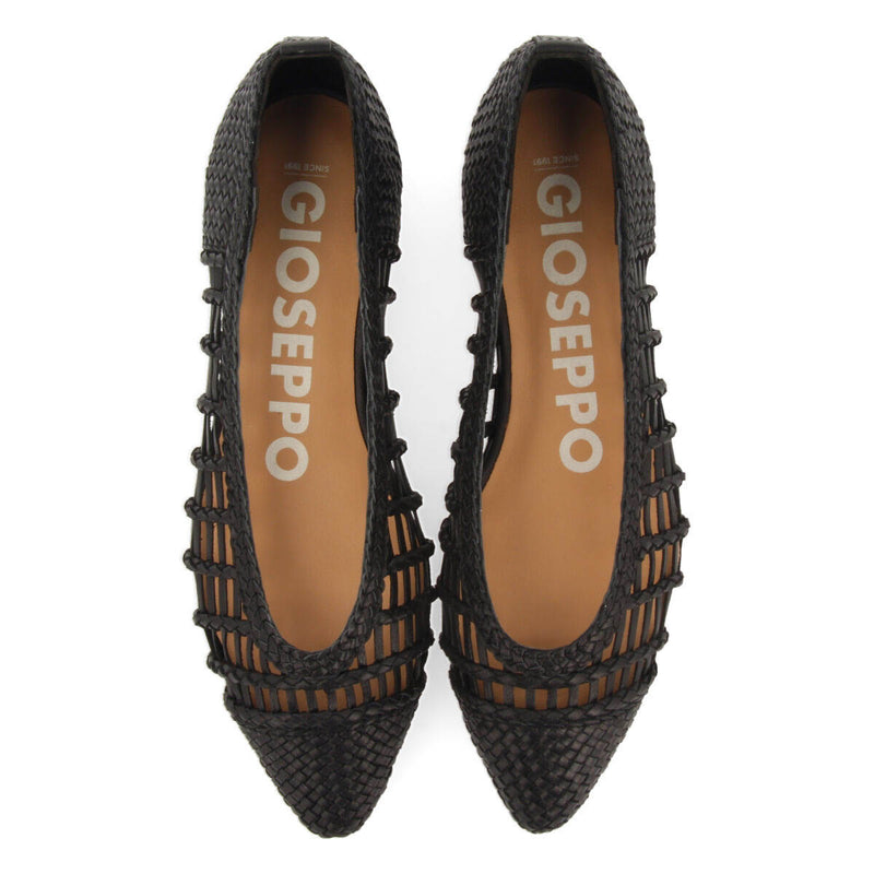 Ballerine nere in pelle intrecciata con allacciatura per donna sagada