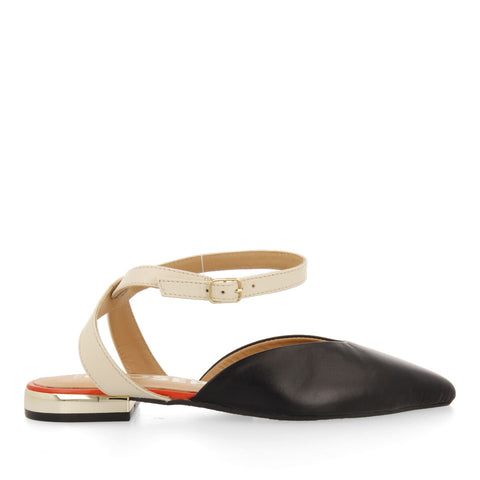 ICONHA WOMEN'S BLACK LEATHER SLINGBACK BALLET FLATS WITH ANKLE STRAP FASTENING