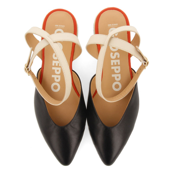 Iconha women's black leather slingback ballet flats with ankle strap fastening