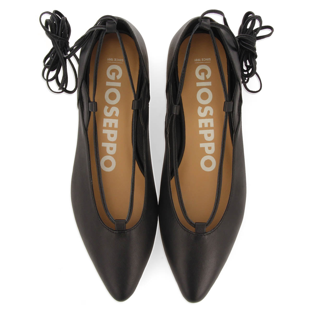Maringa women's black leather ballet flats with laces
