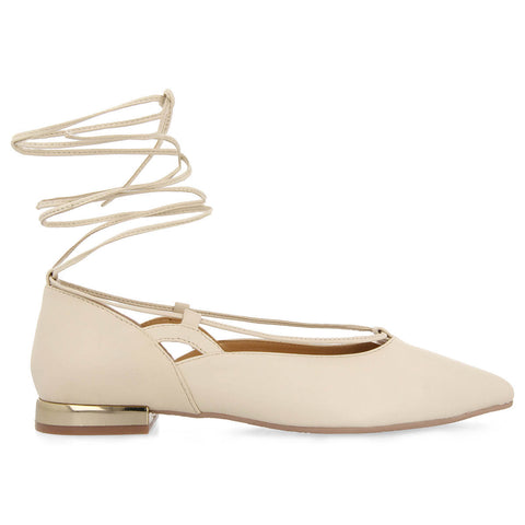 BAILARINAS COLOR OFF-WHITE DE PIEL CON CORDONES PARA MUJER MARINGA