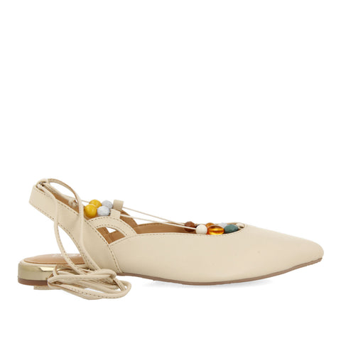 BAILARINAS OFF-WHITE DE PIEL DESTALONADAS CON CORDONES CON PIEDRAS MULTICOLORPARA MUJER COUSSEY