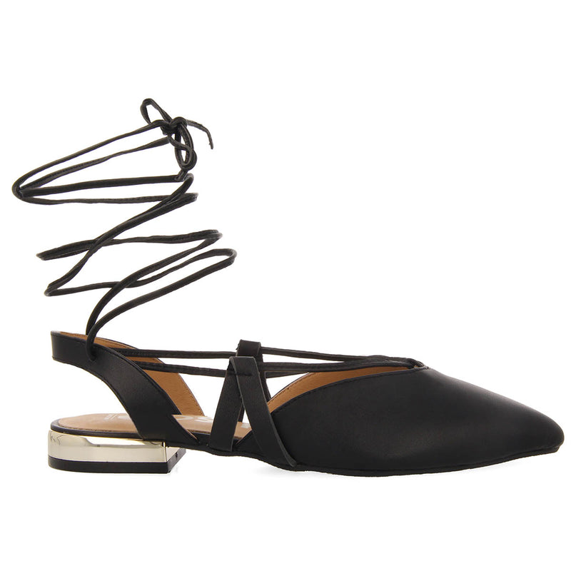 Rodelas women's black leather slingback ballet flats with laces