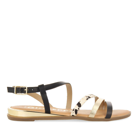SANDALIAS CON TIRAS NEGRAS, DORADAS Y ANIMAL PRINT PARA MUJER CORUMBA 
