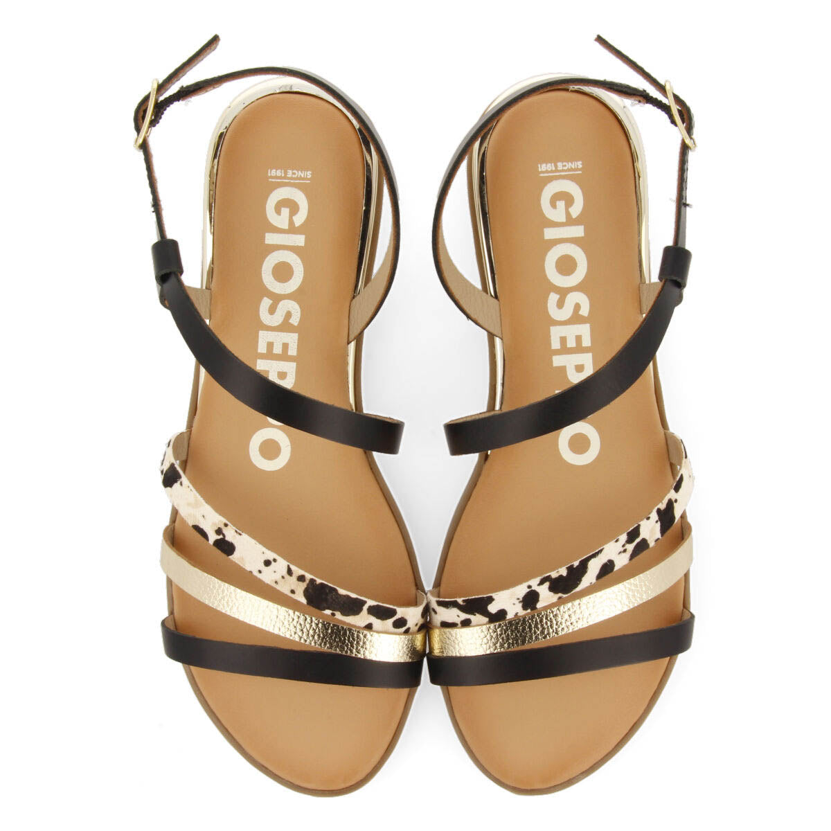 Corumba women's sandals with black, gold and animal-print straps