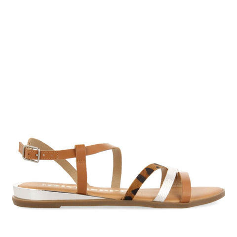 SANDALIAS CON TIRAS MARRÓN, PLATA Y ANIMAL PRINT PARA MUJER CORUMBA 