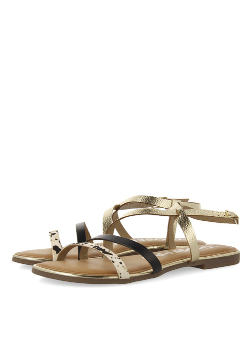 Sandalias con tiras en color dorado y estampado de vaca para mujer megara