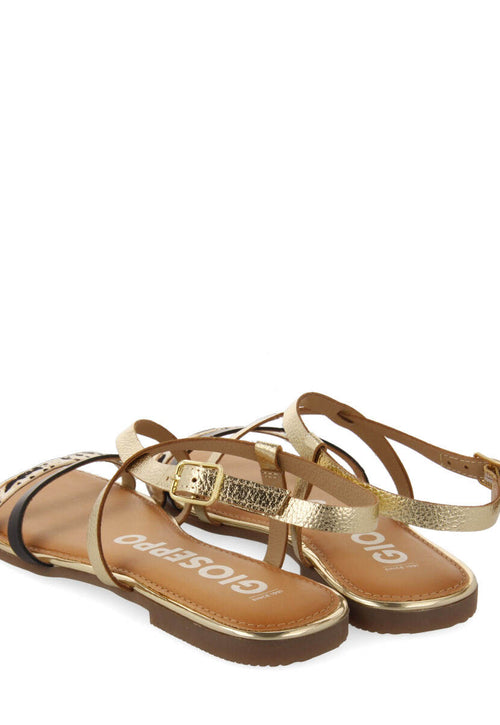 Sandalias con tiras en color dorado y estampado de vaca para mujer megara