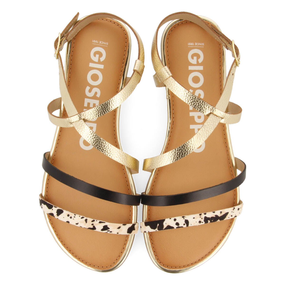 Sandalias con tiras en color dorado y estampado de vaca para mujer megara