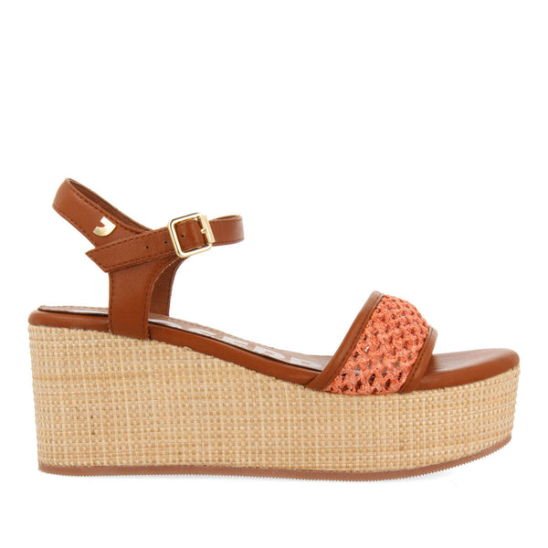 Sandales résille couleur corail et semelle compensée pour femme asquins
