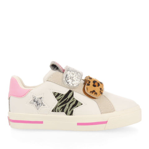 SINJE GIRLS WHITE SNEAKERS WITH ADJUSTABLE LEOPARDRINT FASTENINGS