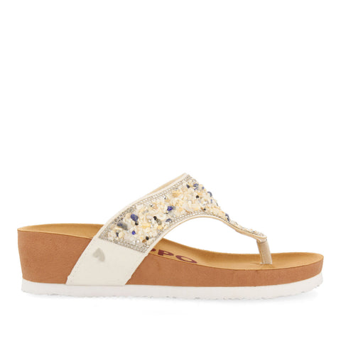 ANDELAIN WOMEN'S WHITE FOOTBED WEDGES WITH DECORATIVE MULTICOLOURED STONES