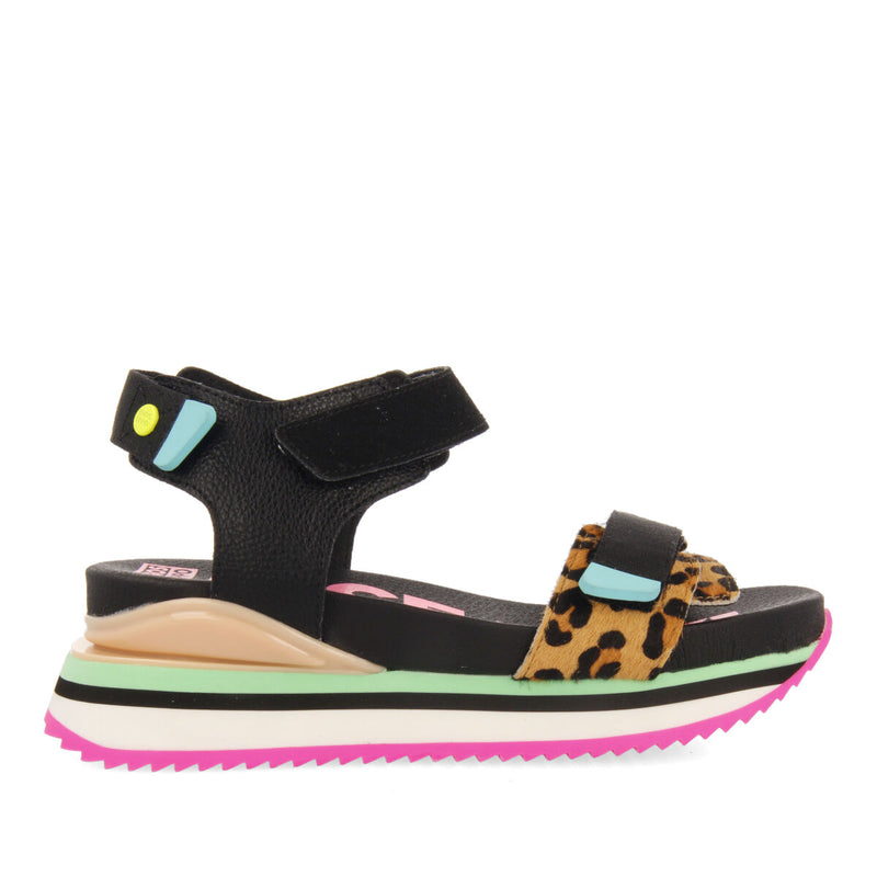 Sandalias de corte tiras ajustables negras animal print para niñas baldim