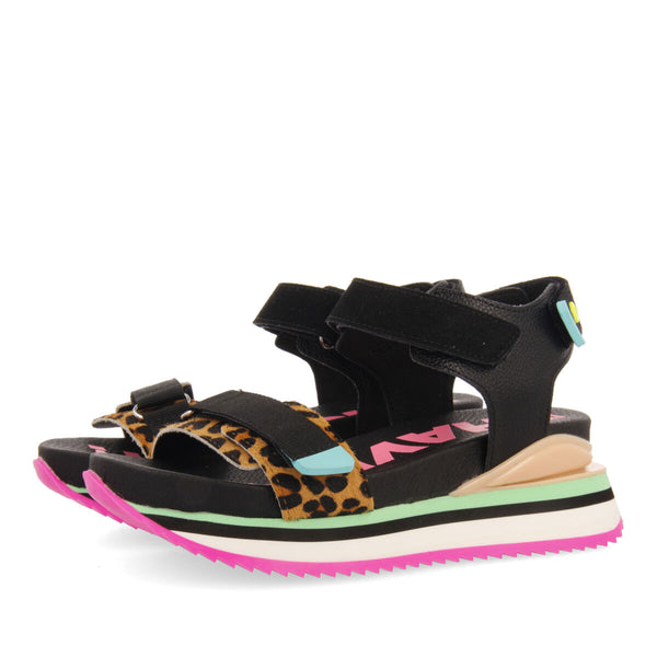 Sandalias de corte tiras ajustables negras animal print para niñas baldim